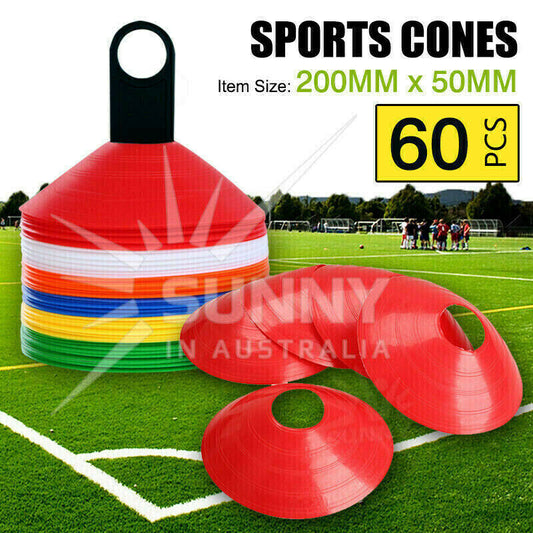 60 BRIGHT COLOURED FOOTBALL TRAINING CONES WITH CONE HOLDER